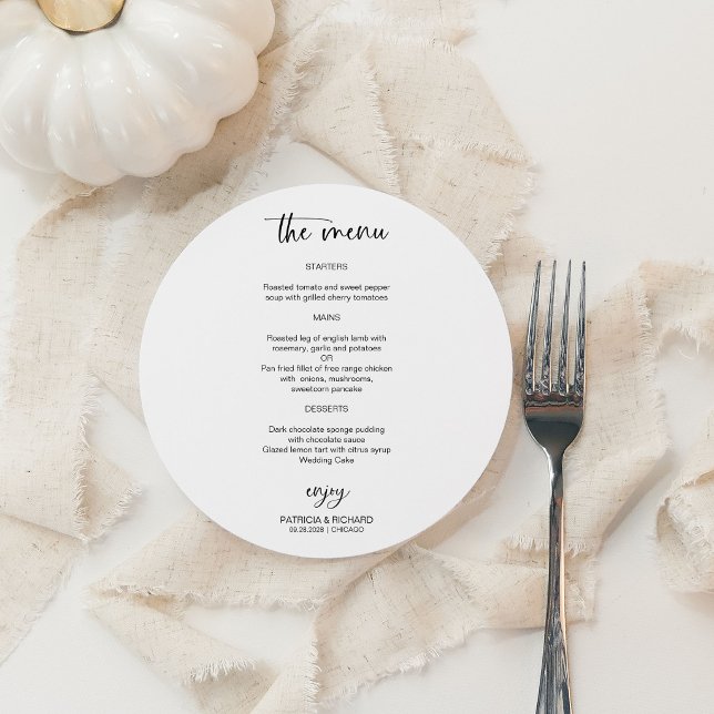 Elegant Black And White Wedding Circle Menu Cards (Creator Uploaded)