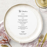 Elegant Black And White Wedding Circle Menu Cards<br><div class="desc">A stylish calligraphy wedding menu card for the plate. Easy to personalise with your details. CUSTOMIZATION: If you need design customisation,  please contact me through chat; if you need information about your order,  shipping options,  etc.,  please contact Zazzle support directly.</div>