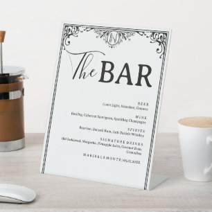 Elegant Black and White Wedding Drinks Bar Menu Pedestal Sign