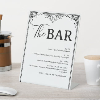Elegant Black and White Wedding Drinks Bar Menu Pedestal Sign