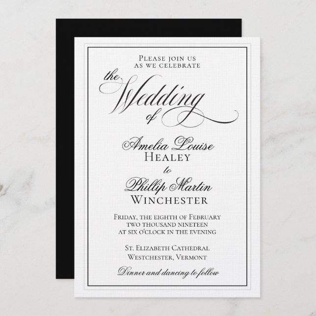 Elegant Black and White Wedding Invitation (Front/Back)