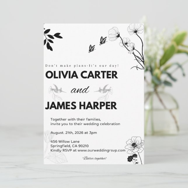 Elegant Black and White Wedding Invitation (Standing Front)