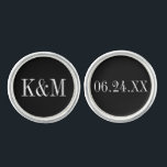 Elegant Black and White Wedding Monogram Groom Cufflinks<br><div class="desc">Personalised wedding cufflink design for the groom features a monogram of the couple's initials and wedding date.  Black background and white text colours can be modified to coordinate with any wedding colour scheme.</div>