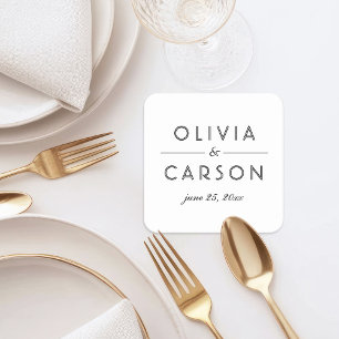 Elegant Black and White Wedding Monogram Square Paper Coaster