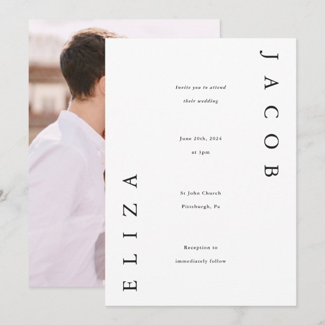 Elegant Black and White Wedding Photo Invitation (Front/Back)