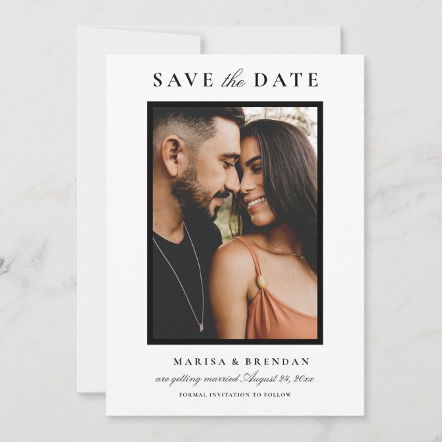 Elegant Black and White Wedding Photo Save The Date (Front)