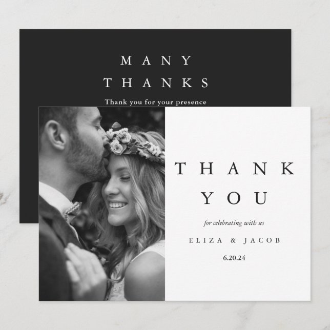 Elegant Black and White Wedding Photo Thank You Card (Front/Back)