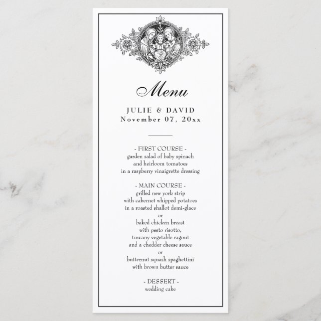Elegant Black and White Wedding Religious Menu (Front)