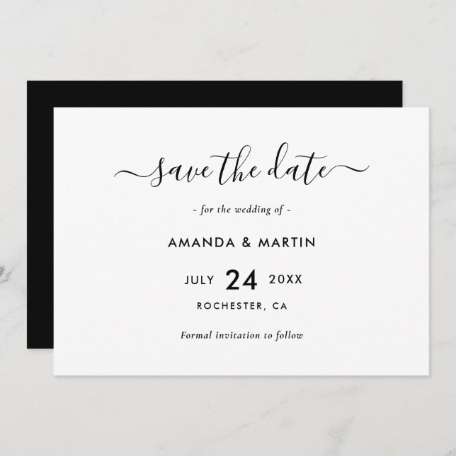 Elegant Black and White Wedding Save The Date (Front/Back)