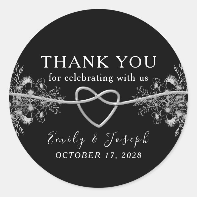 Elegant Black and White Wedding Thank You Classic Round Sticker (Front)