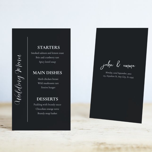 Elegant Black and White Wedding Theme Menu (Food is the one that makes your guests remember you most, use this theme wedding menu card)
