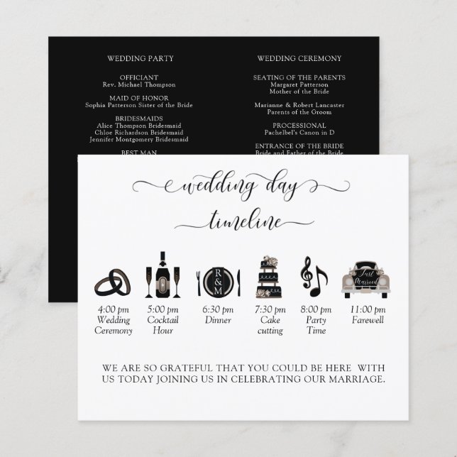 Elegant Black and White Wedding Timeline, Program (Front/Back)