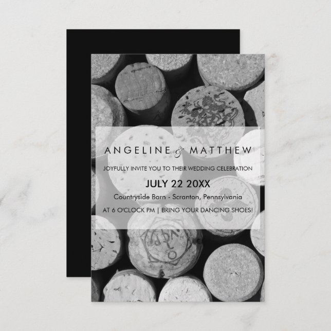 Elegant Black and White Wine Cork Wedding Card (Front/Back)