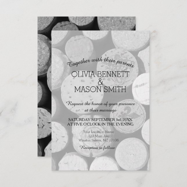 Elegant Black and White Wine Cork Wedding Card (Front/Back)