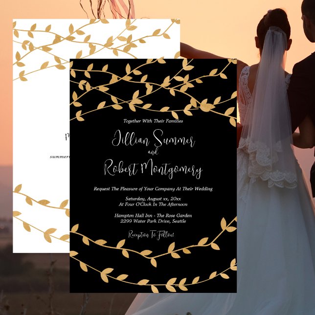 Elegant Black and White with Gold Leaves Wedding Invitation (Elegant Black and White with Gold Leaves Wedding Invitation)