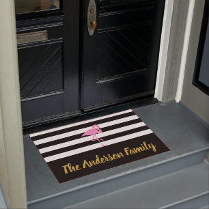 Elegant Black and White with Pink Flamingo Doormat