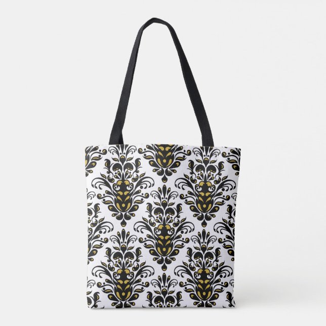 Elegant  black and white with touch of gold damask tote bag (Back)