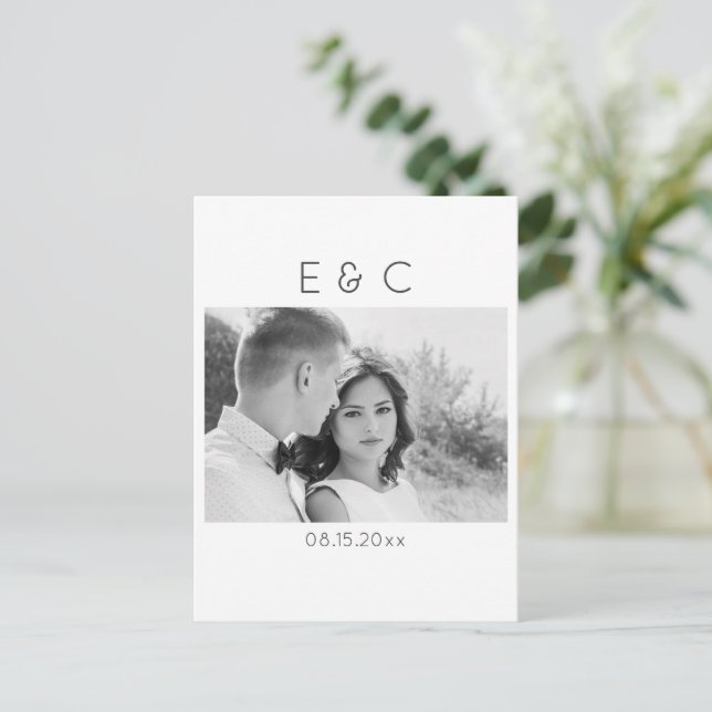 Elegant Black and White Your Photo Save the Date V Announcement Postcard (Standing Front)