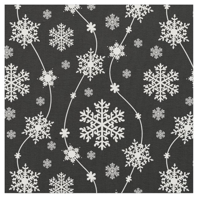Elegant Black and Winter White Snowflake Patterns Fabric (Close Up)