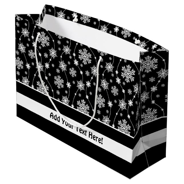 Elegant Black and Winter White Snowflake Patterns Large Gift Bag (Back Angled)