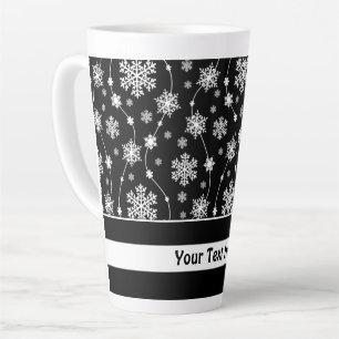 Elegant Black and Winter White Snowflake Patterns Latte Mug