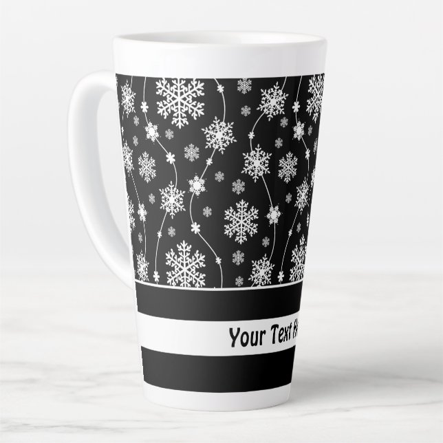 Elegant Black and Winter White Snowflake Patterns Latte Mug (Left Angle)