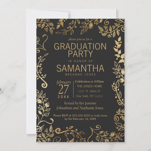 Elegant Black and Yellow Gold Floral Graduation Invitation (Front)