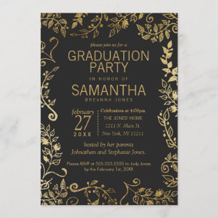 Elegant Black and Yellow Gold Floral Graduation Invitation