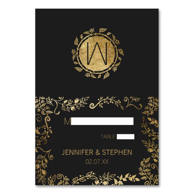Elegant Black and Yellow Gold Floral Place Cards (Front)
