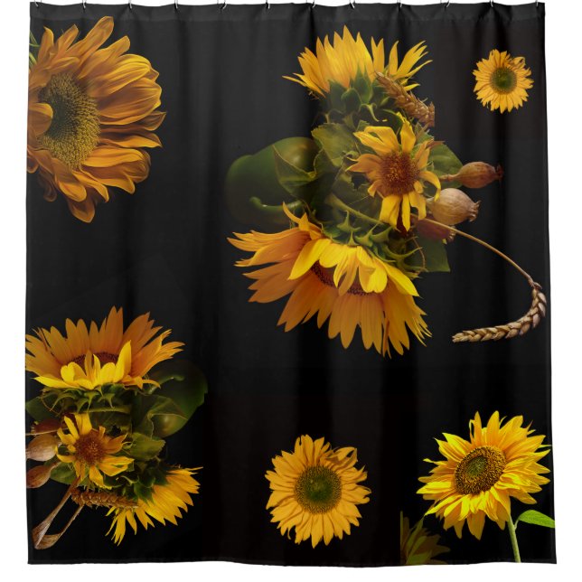 Elegant black and yellow sunflowers shower curtain (Front)