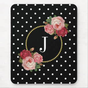 Elegant Black Antique Floral Polka Dots Monogram Mouse Pad