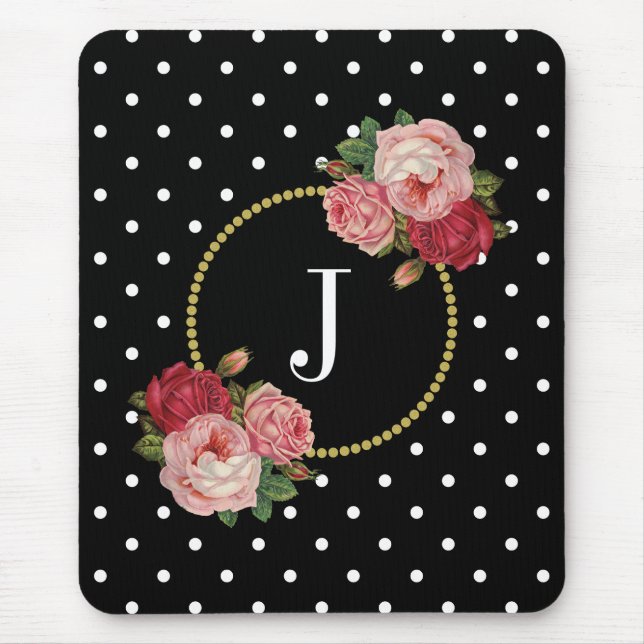 Elegant Black Antique Floral Polka Dots Monogram Mouse Pad (Front)