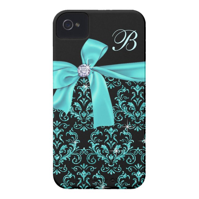 Elegant Black Aqua Damask Diamond Bow Monogram Case-Mate iPhone Case