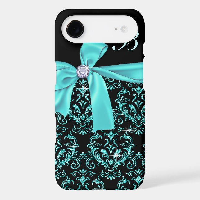 Elegant Black Aqua Damask Diamond Bow Monogram Case-Mate iPhone Case (Back)