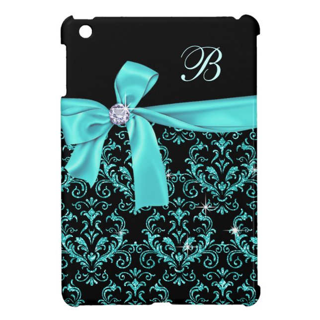 Elegant Black Aqua Damask Diamond Bow Monogram iPad Mini Case (Back)