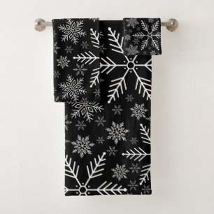 Elegant Black Aqua White Winter Snowflake Bath Towel Set
