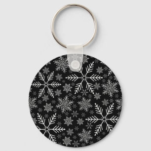 Elegant Black Aqua White Winter Snowflake Key Ring