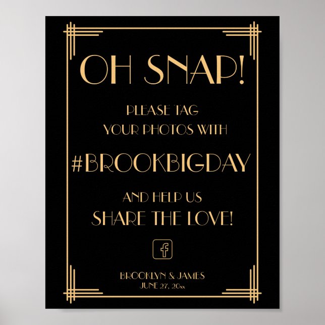 Elegant Black Art Deco Gatsby Hashtag Sign (Front)