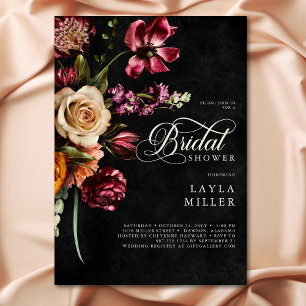Elegant Black Autumn Floral Script Bridal Shower Invitation