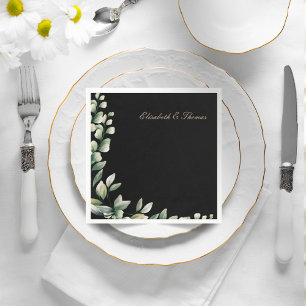 Elegant black background eucalyptus leaves wedding napkin