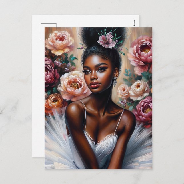 Elegant Black Ballerina with Peony Flowers Holiday Postcard (Front/Back)