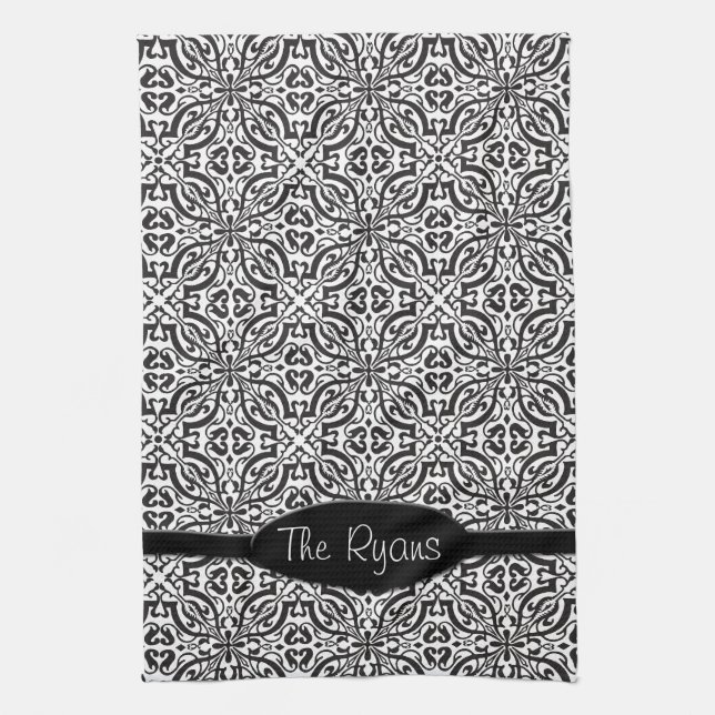 Elegant Black Baroque Damask Monogram Tea Towel (Vertical)