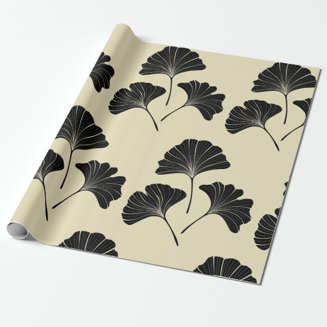 Elegant black beige ginkgo leaves wrapping paper (Unrolled)