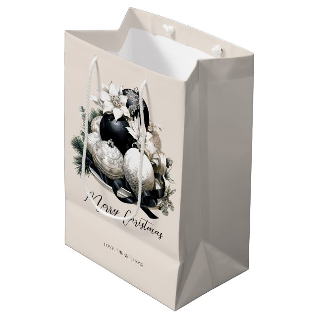 Elegant black beige ivory Christmas ornament Medium Gift Bag (Front Angled)