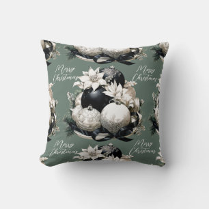 Elegant black beige sage green Christmas ornament Cushion