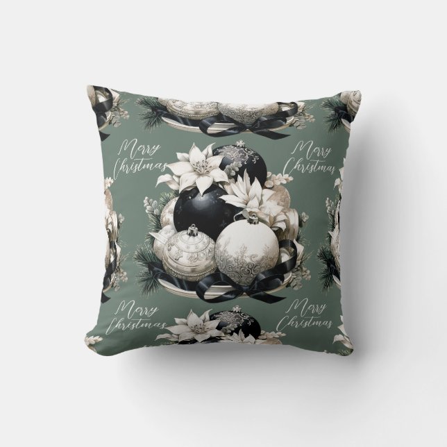 Elegant black beige sage green Christmas ornament Cushion (Front)