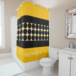 Elegant black  beige &  yellow dots monogram name shower curtain
