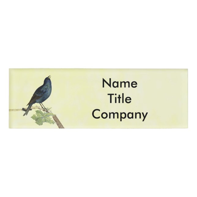 Elegant Black Bird Branch Leaves Caterpillar Name Tag (Front)
