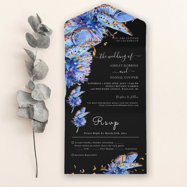 Elegant Black Blue Butterflies Wedding All In One Invitation (Creator Uploaded)