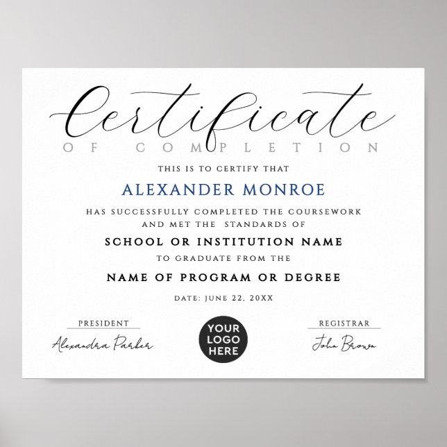 Elegant Black Blue Certificate Digital Diploma Poster (Front)